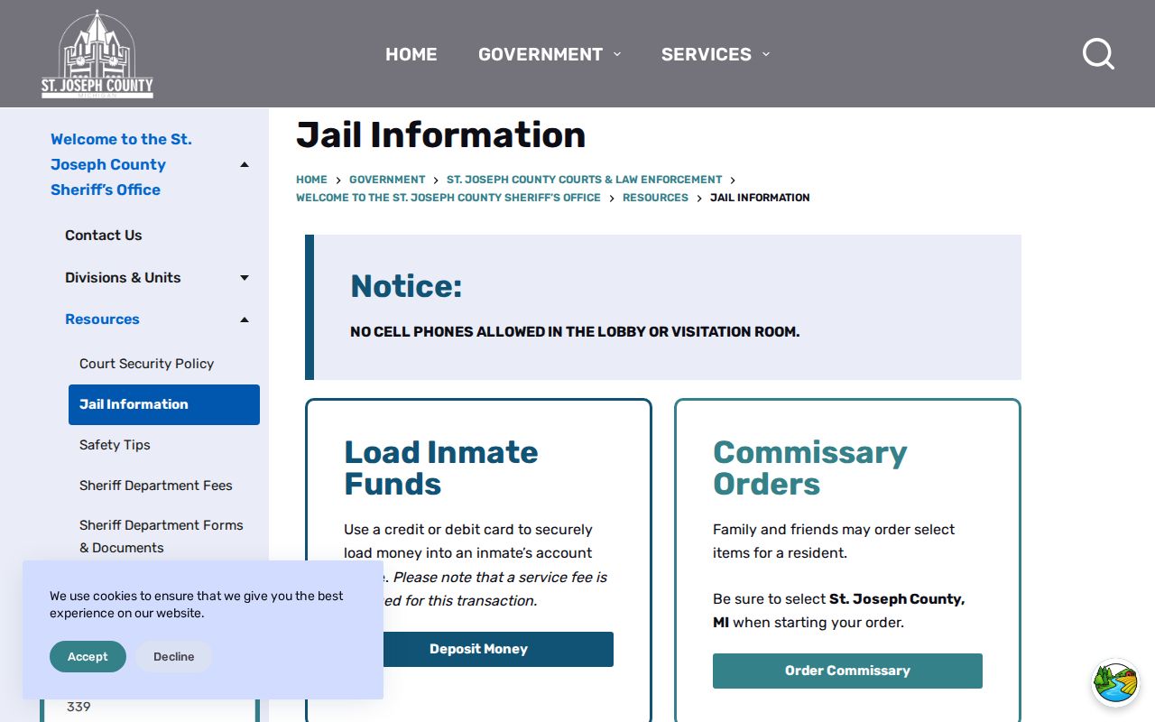 St. Joseph County Jail Information webpage with official jail guidance