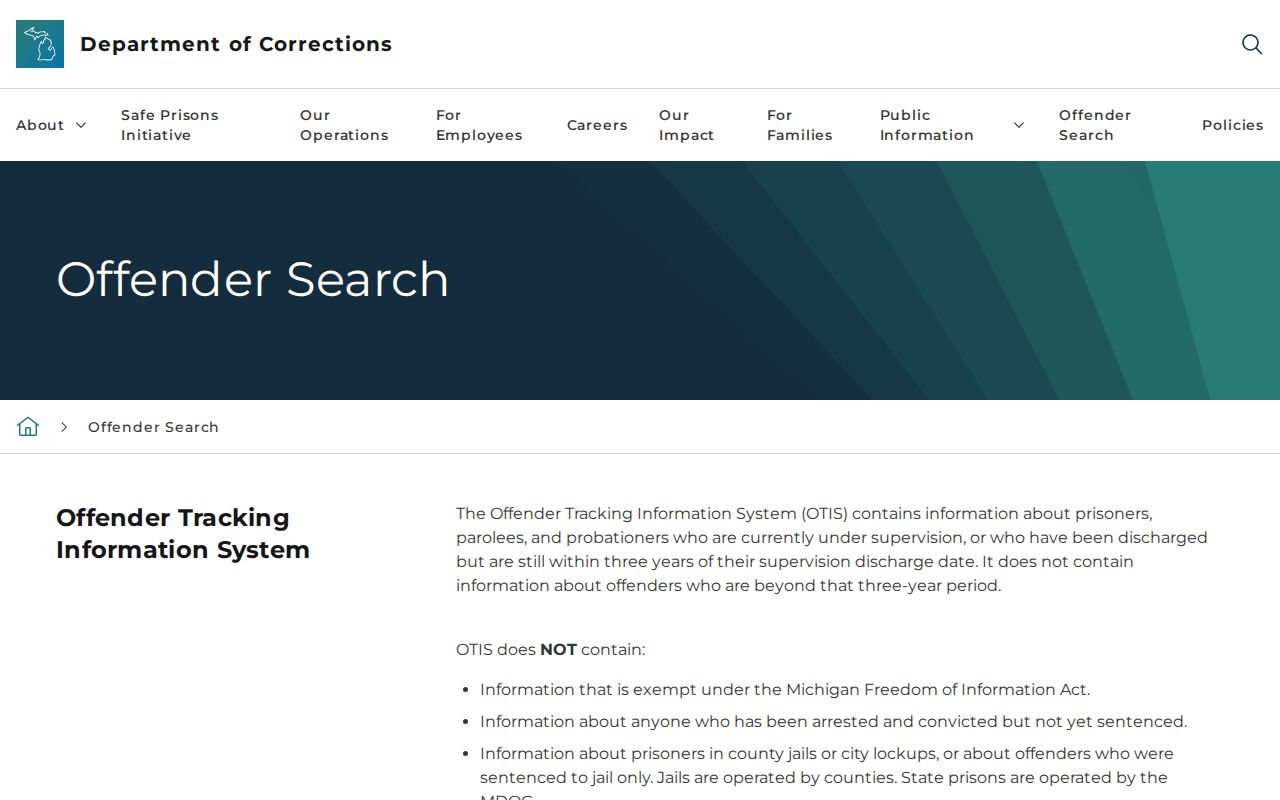 Michigan Department of Corrections OTIS offender search page