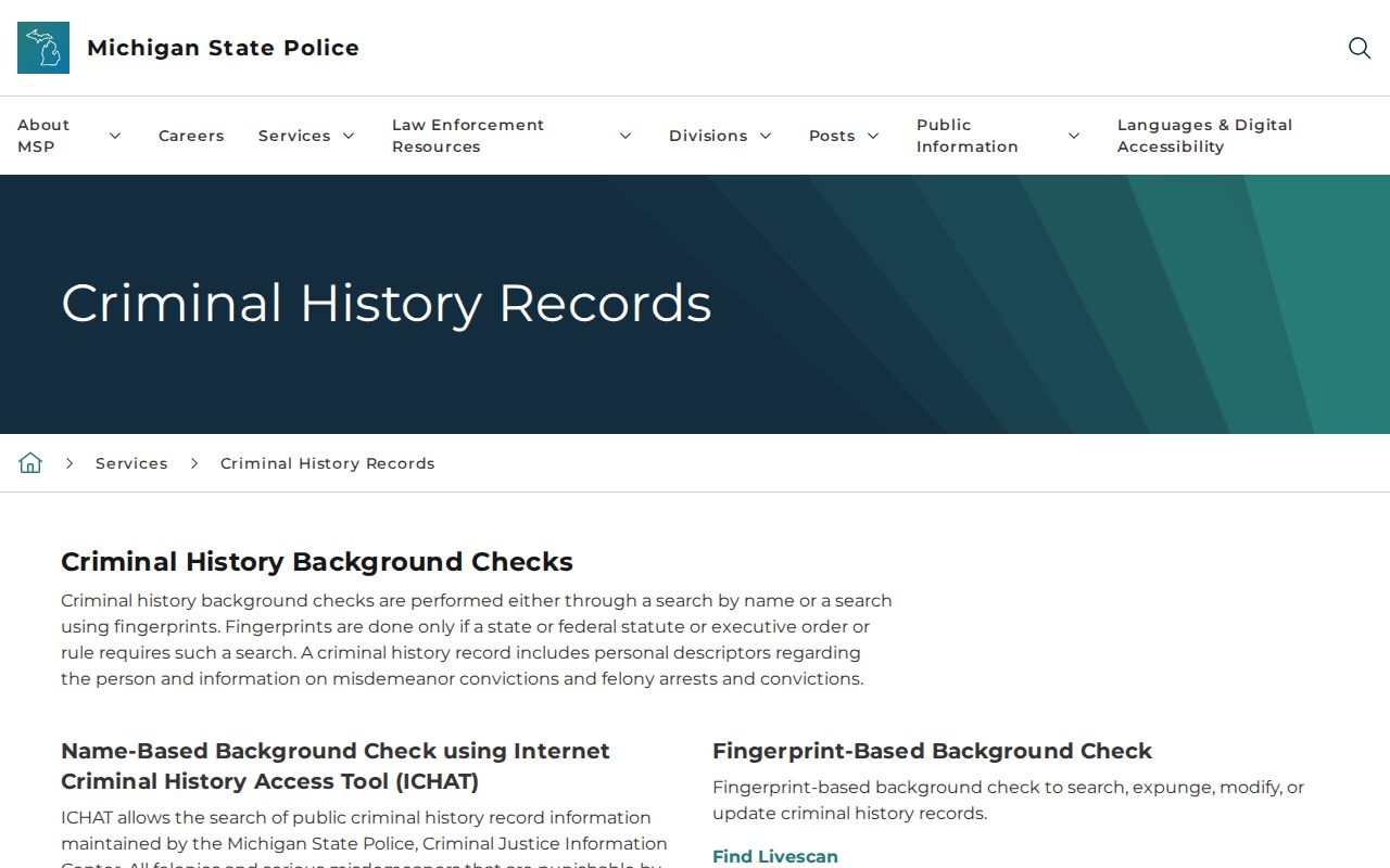 Michigan State Police ICHAT criminal history information webpage